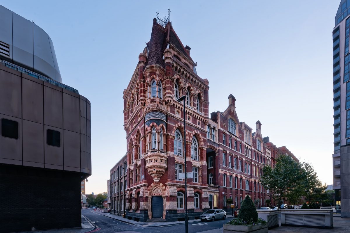 light pink corner building