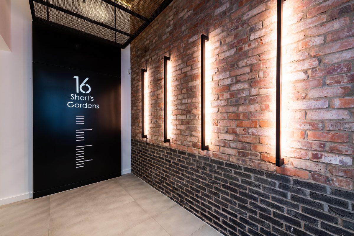 internal brick wall with retro strip lighting, bottom quarter of the wall are black bricks